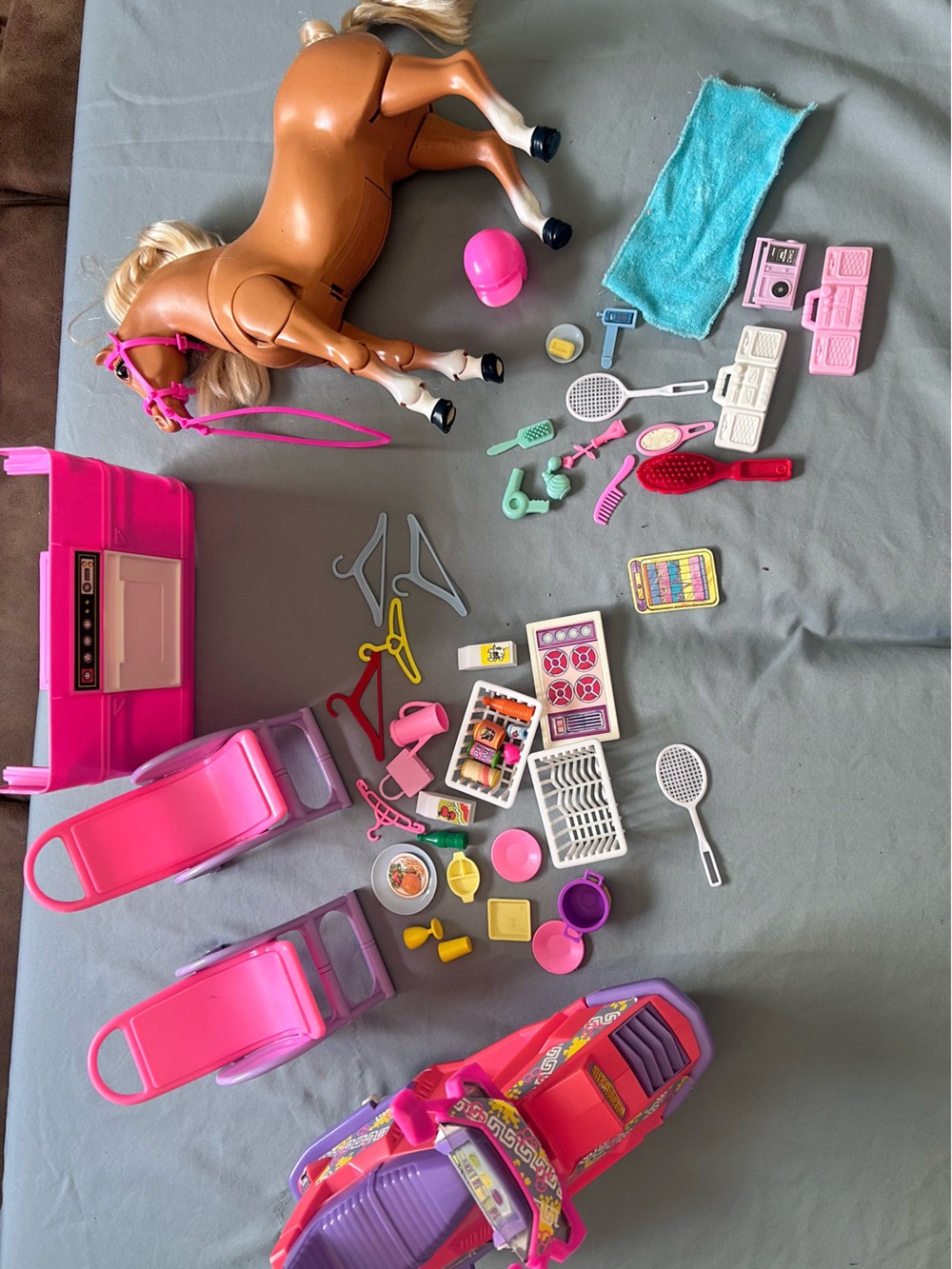 Barbie furniture, accessories, horse, and scooters lot